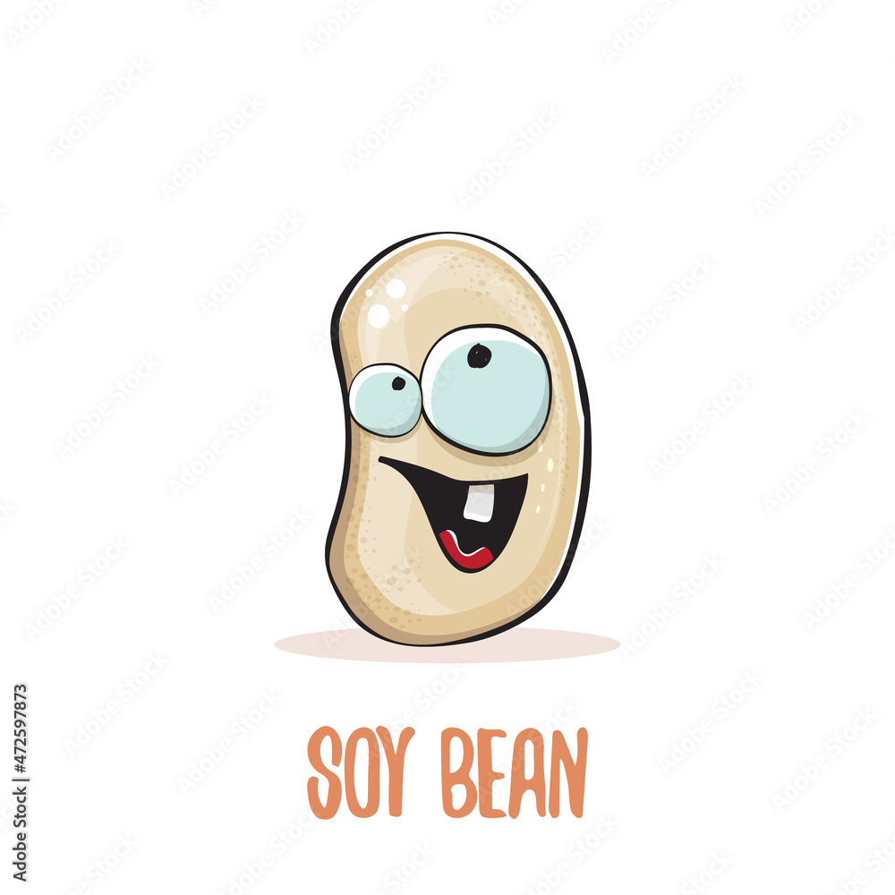 vector funny cartoon cute soybean character isolated on white background. Japan Kawaii soy food funky character. Soybean cartoon illustration