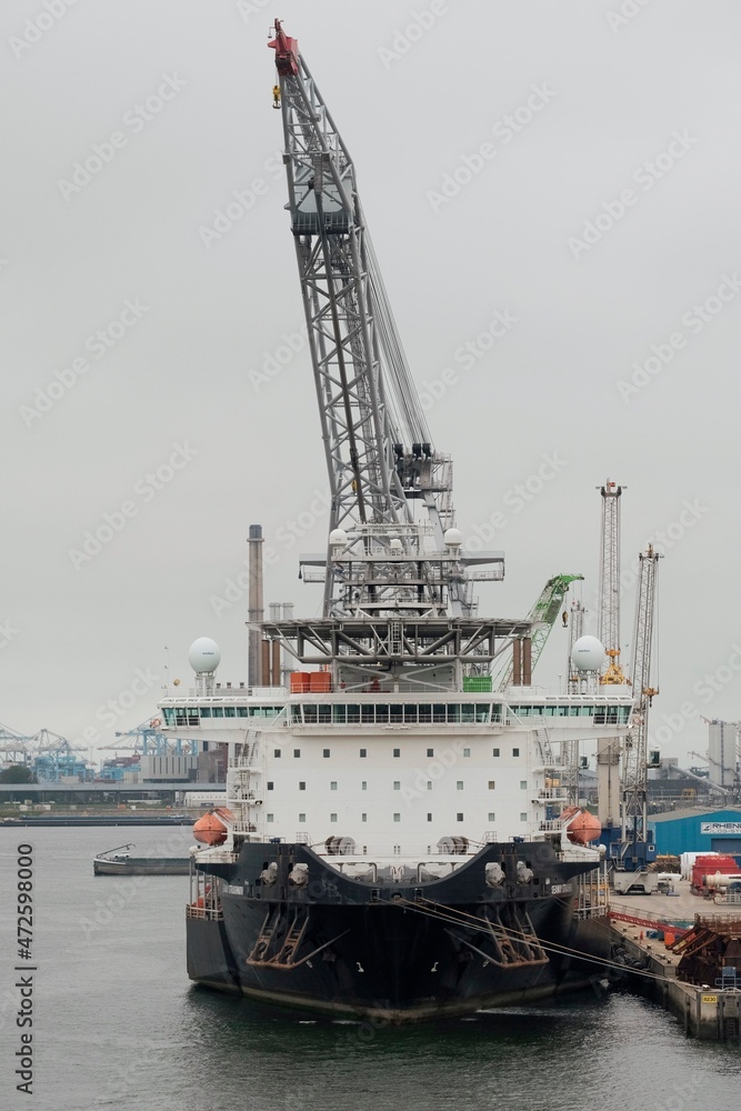 Port of Rotterdam, the Netherlands - 09 23 2020: Crane vessel Seaway Strashnov during the test of loading equipment in the port.