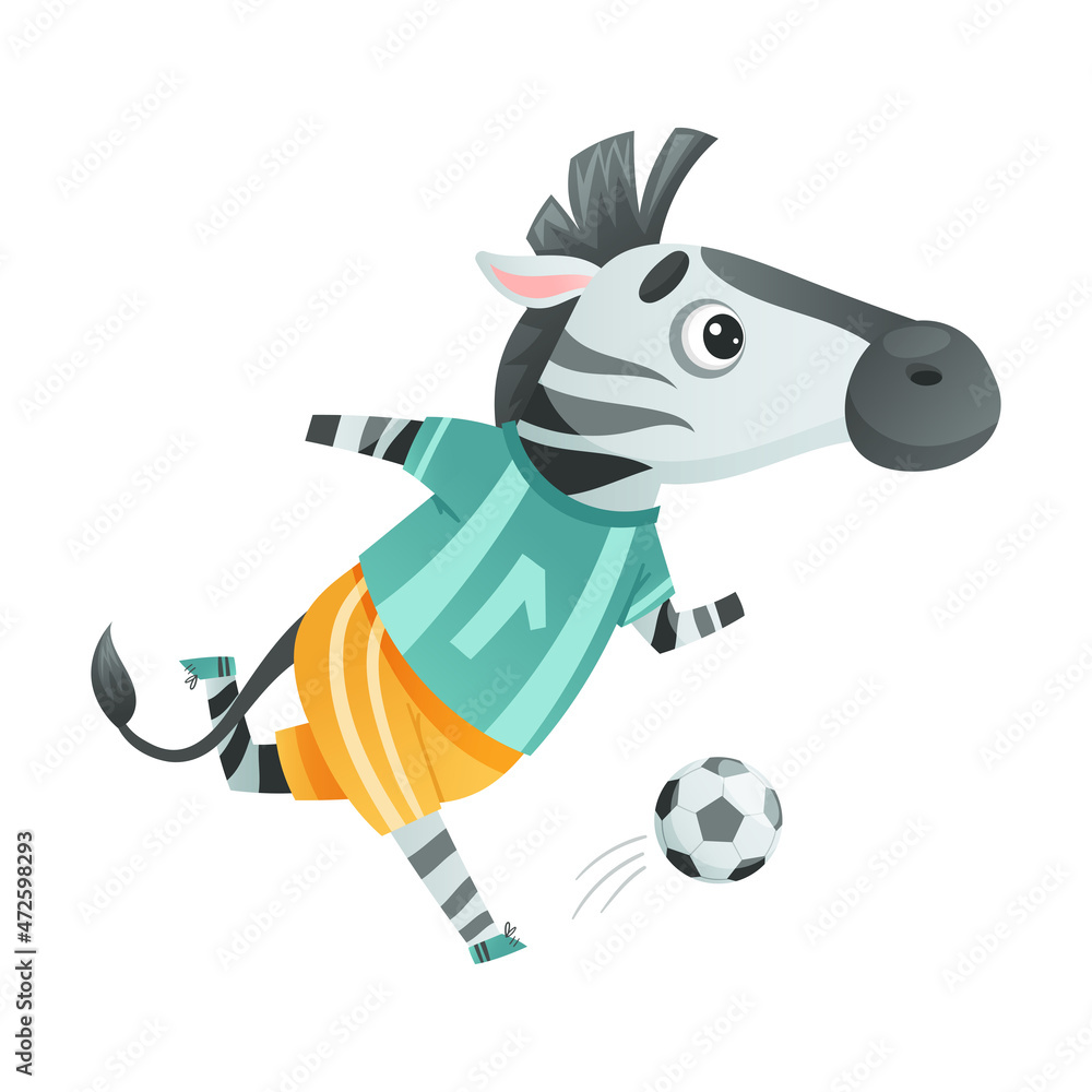 Fototapeta premium Zebra wild animal playing soccer. Cute football mascot in sports uniform cartoon vector illustration