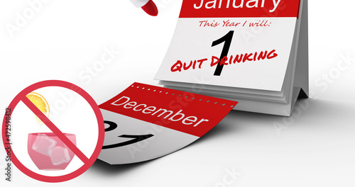 Image of stop sign and drink, with pen and quit drinking text in red on january 1 of calendar