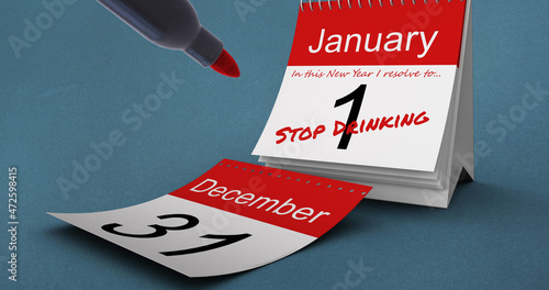 Image of red pen and stop drinking text in red on january 1st of daily calendar