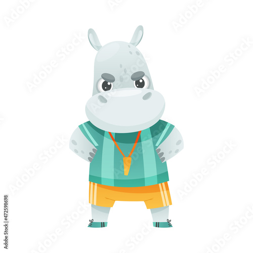 Hippopotamus referee animal blowing whistle. Cute football mascot in sports uniform cartoon vector illustration