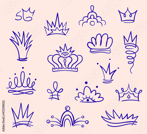 Vector crown set, isolated hand drawn crowns. Creative sketch style for decoration photos, banners, web. Doodle symbols of power, government, domination, authority.