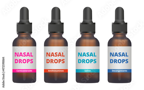 Vector set of amber glass dropper bottles with nasal drops. Antihistamines, corticosteroids, saline, decongestants isolated on a white background. Nasal sprays, nose drops. Healthcare and medicine.