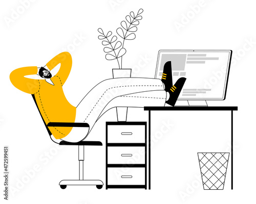 A thoughtful man is sitting at a computer in the office workspace. Vector illustration in offline style on the topic of office work and reflections in the workplace.