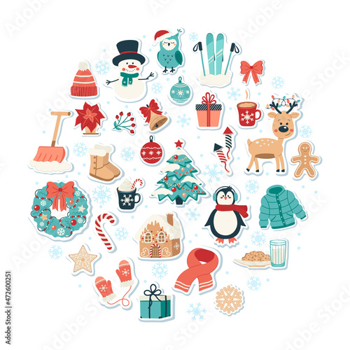 Christmas and New Year elements stickers set in circle shape. Hand drawn vector illustration photo