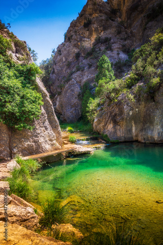 The walkways of the parrizal over the MatarraÃ±as river located in Beceite, Teruel, wonderful national park with lush pine forests for a nice walk and relax in nature, Spain..