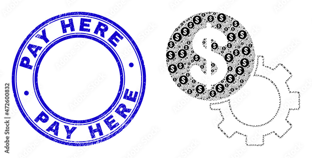Vector dollar setup gear icon mosaic is created of randomized self dollar setup gear icons. Pay Here corroded blue round seal. Fractal mosaic from dollar setup gear icon. Vector dollar setup gear icon mosaic is created of randomized self dollar setup gear icons. Pay Here corroded blue round seal. Fractal mosaic from dollar setup gear icon.