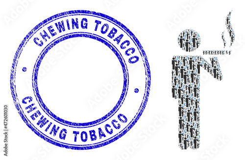 Vector smoker icon collage is composed from random self smoker items. Chewing Tobacco corroded blue round stamp seal. Recursive collage for smoker icon.