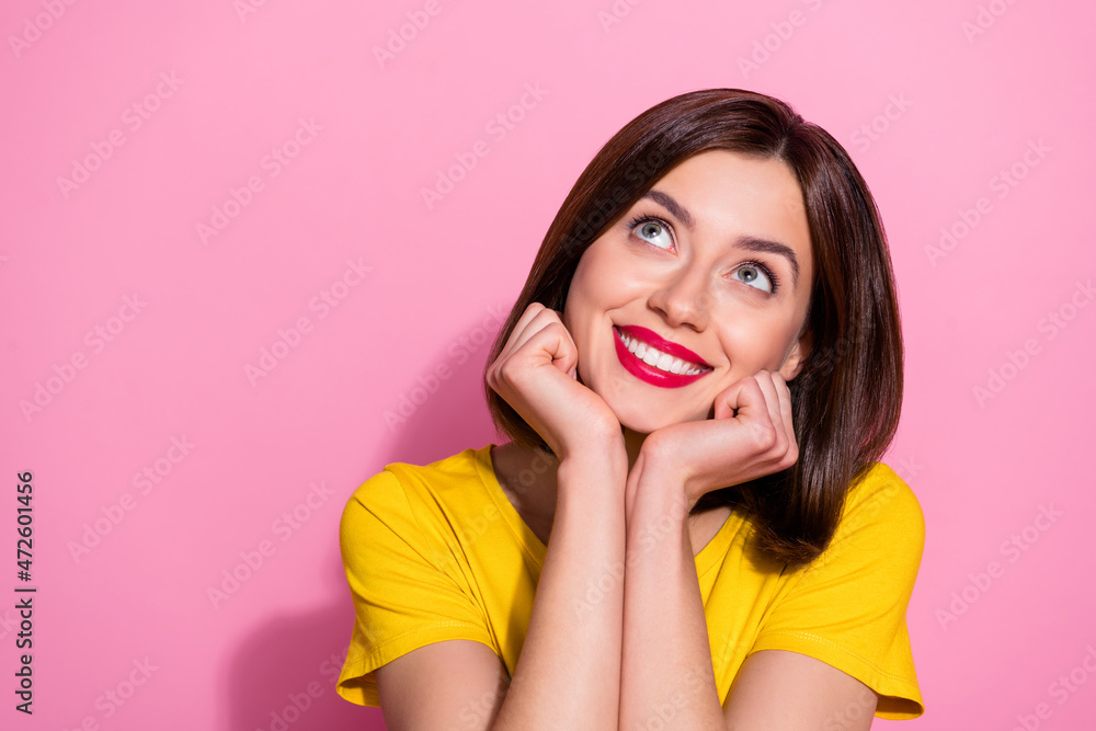 Portrait of attractive girlish brown-haired cheerful girl dreaming copy space isolated over pink pastel color background Portrait of attractive girlish brown-haired cheerful girl dreaming copy space isolated over pink pastel color background
