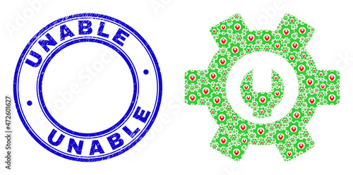 Vector repair options icon collage is organized with randomized recursive repair options icons. Unable scratched blue round stamp seal. Recursive mosaic for repair options icon.