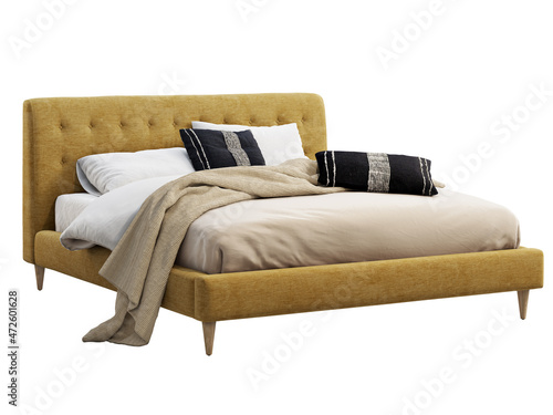 Mid-century fabric upholstery double bed with quilted headboard. 3d render.