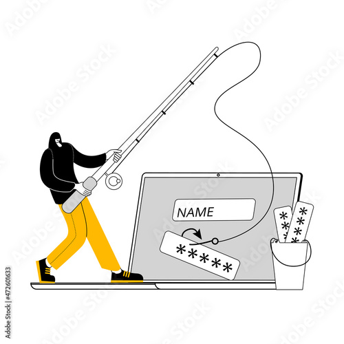 A hacker in a dark hood with a fishing rod catches user passwords on a hook from a laptop. Concept of a vector illustration on the topic of cybercrime and phishing attacks.