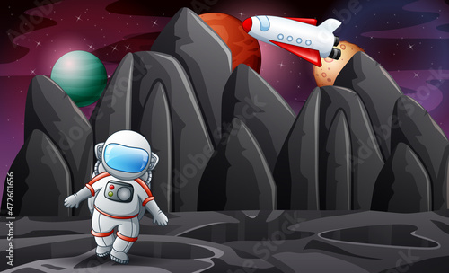 Cartoon illustration of astronaut stand on the moon