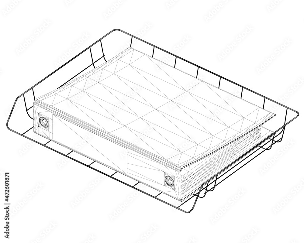 Wireframe of office folder with documents on the shelf from black lines isolated on white background. Isometric view. 3D. Vector illustration Wireframe of office folder with documents on the shelf from black lines isolated on white background. Isometric view. 3D. Vector illustration