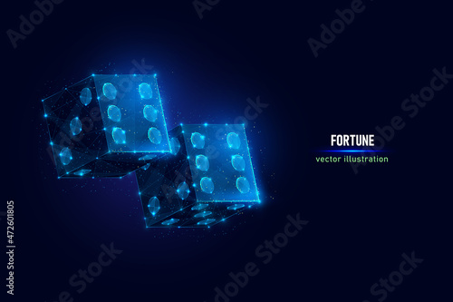Two game dices with six dots digital wireframe. Symbol of fortune and luck low poly vector illustration on blue background.