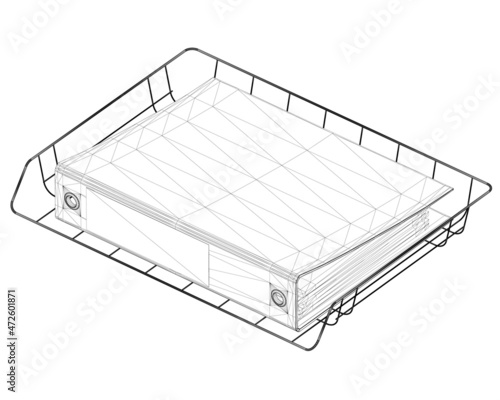 Wireframe of office folder with documents on the shelf from black lines isolated on white background. Isometric view. 3D. Vector illustration
