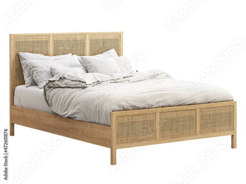 Mid-century wooden double bed with wicker headboard and footboard. 3d render.