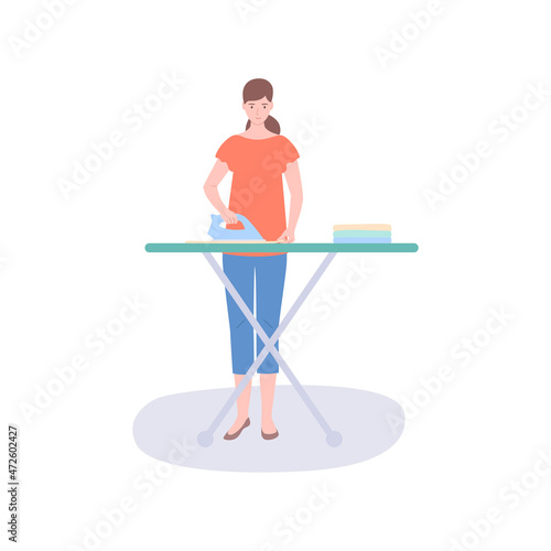 Happy woman irons clothes, flat vector illustration. Homework, routine.
