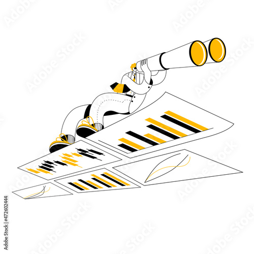 A man in a business suit with binoculars surfs the necessary analytical information. The concept of vector illustration on the topic of Internet search and data analysis.