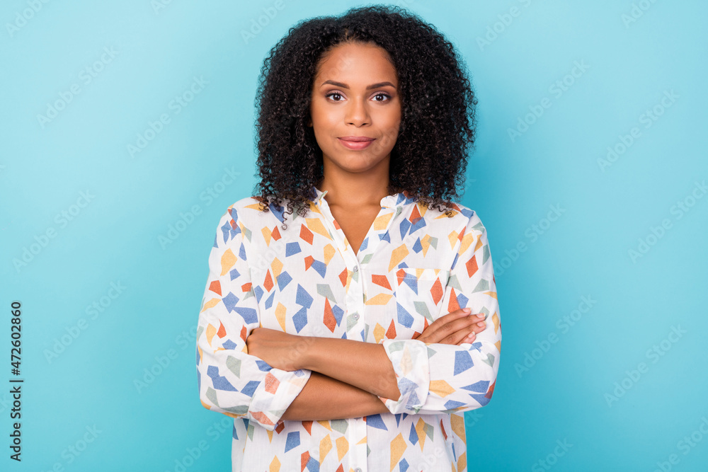 Photo of teacher millennial wavy hairdo lady crossed arms wear white shirt isolated on blue color background Photo of teacher millennial wavy hairdo lady crossed arms wear white shirt isolated on blue color background
