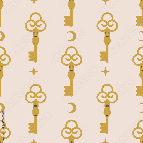 Seamless pattern with vintage key and celestial stars symbols. Ancient golden door opener in boho style. Hand drawn fairy tale background for textile, wrapping paper, print and design