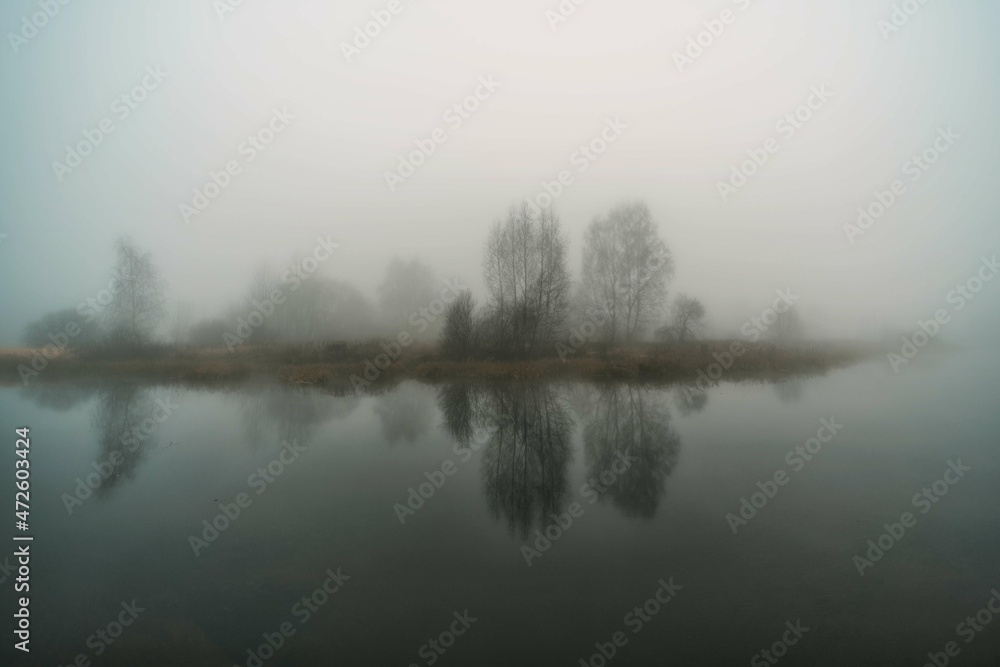 Fototapeta premium Autumn river in the morning in thick fog