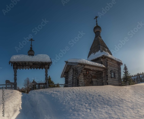 Winter north sataraya wooden russian church photo