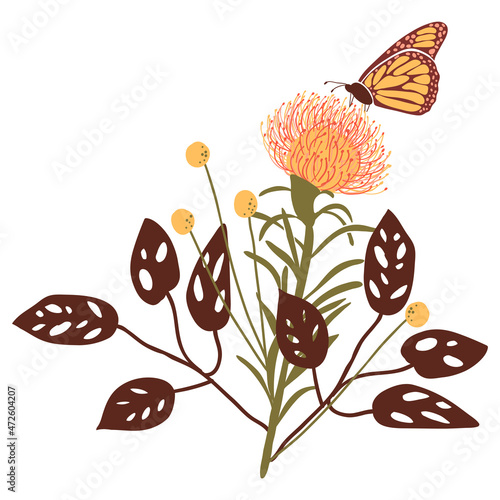 Flowers, leaves and butterfly bouquet. Green, yellow, red, brown and yellow vector illustration isolated on white background.