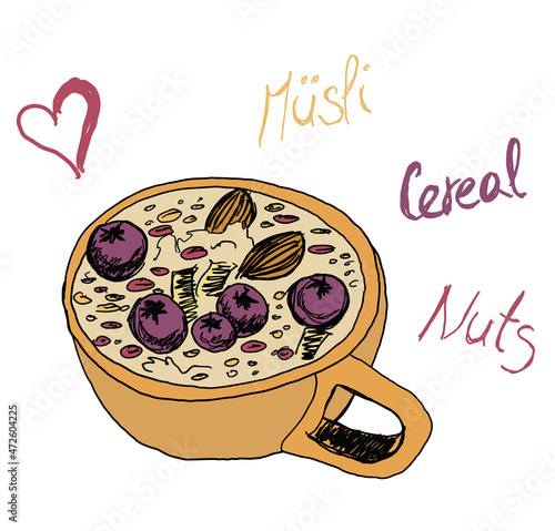 Delicious sweet breakfast vector illustration, colored drawing vector oat flakes muesli with blueberries, almonds, coconut, seeds, cereals and cranberries, hand drawn doodle in casual style