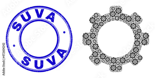 Vector gear icon composition is composed of repeating recursive gear elements. Suva grunge blue round stamp seal. Recursion mosaic of gear icon. Blue stamp seal contains Suva text inside round shape.
