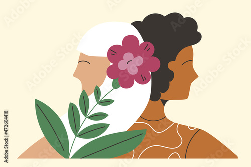 Portrait of adult daughter and elderly mother. Beautiful senior mom and her daughter. Family relationship flat vector cartoon illustration isolated on white background. Woman or mother day concept