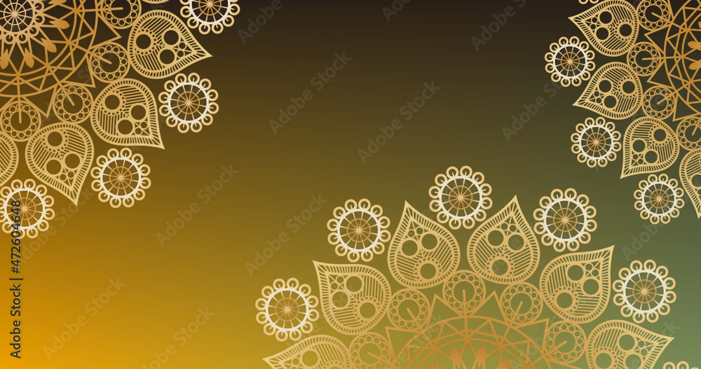 Image of spinning wheels with pattern on yellow background