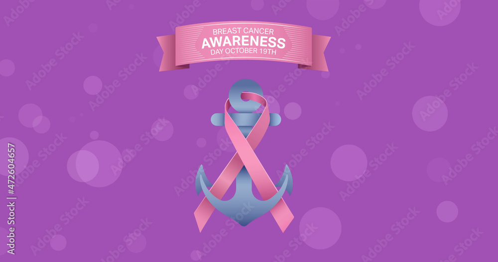 Image of breast cancer awareness text over pink breast cancer ribbon Image of breast cancer awareness text over pink breast cancer ribbon