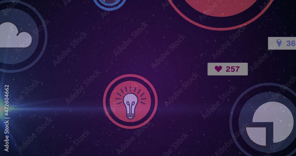 Image of social media icons and numbers over purple background Image of social media icons and numbers over purple background