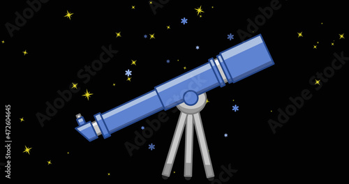 Image of blue telescope over stars on black background