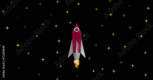 Image of space rocket flying in space over stars on black background