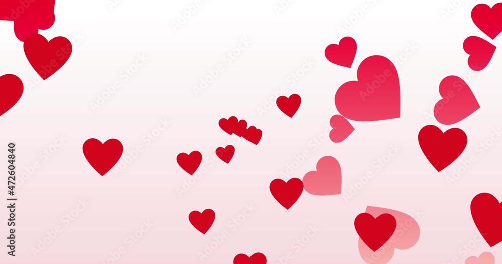 Image of red and pink hearts moving on pink background
