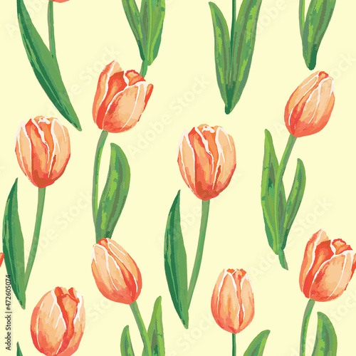 Red tulips on the yellow background. Watercolor seamless pattern with spring flowers.