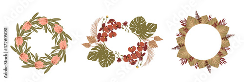 Flower wreath collection. Tropical palm leaves, protea, orchid flowers and dry leaves empty border on white background.