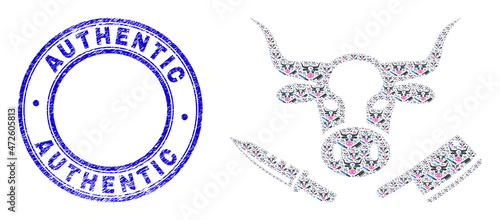Vector butchery icon composition is made of repeating recursive butchery parts. Authentic Asian Food scratched blue round stamp. Fractal composition for butchery icon.