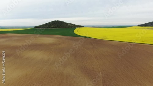 Yellow, brown and green fields in the countryside of Valladolid, Spain. 4K Drone. Discovering Aerial Footage.