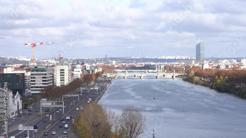 View of city and river Rhone from Musée des Confluences rooftop, Lyon, France - wide photo