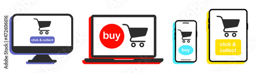 Shopping cart on the screens devices. Shopping Online. Computer, laptop, tablet and smartphone - vector icons. Digital marketing. Internet store. E-commerce concept. Click and collect and buy now