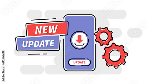 System Update. The concept of updating the system software. The download process on the smartphone screen. Improvement version software. Installing process, for landing page, ui, app, banner template