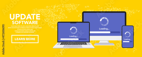 System Update. Installation of new Version software. Software update for computer, laptop and smartphone. Operating system support. Installing update process, upgrade program, data network