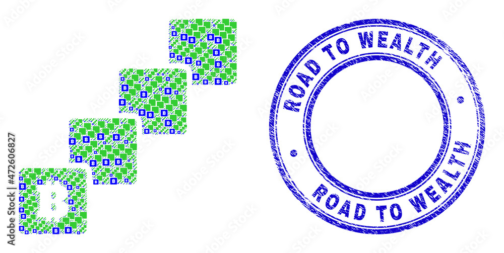 Vector bitcoin blockchain icon composition is organized with repeating recursive bitcoin blockchain elements. Road to Wealth scratched blue round seal. Vector bitcoin blockchain icon composition is organized with repeating recursive bitcoin blockchain elements. Road to Wealth scratched blue round seal.