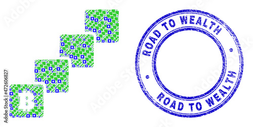 Vector bitcoin blockchain icon composition is organized with repeating recursive bitcoin blockchain elements. Road to Wealth scratched blue round seal.