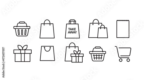 Black and White Shopping Icon Set, with Shopping Bags and Carts. Vector Isolated Illustration