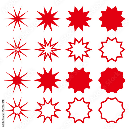 Star shapes collection. Silhouetes and outline red ten pointed stars. Simple design elements set. Vector illustration isolated on white. © Lazy_Stocker